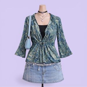 Vintage Y2K Paisley Blouse Blue Beaded Waist Top Women's S Festival Boho Chic